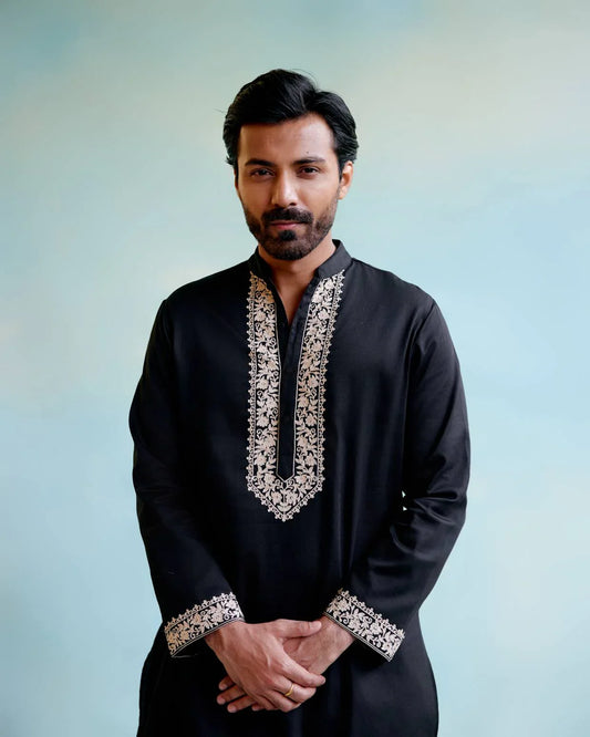 Men Black Muslin Mandarin Collar Regular Fit Kurta